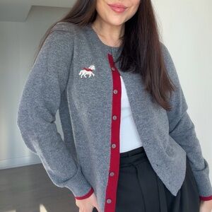 100% WOOL Gray and Red Women's Cardigan
